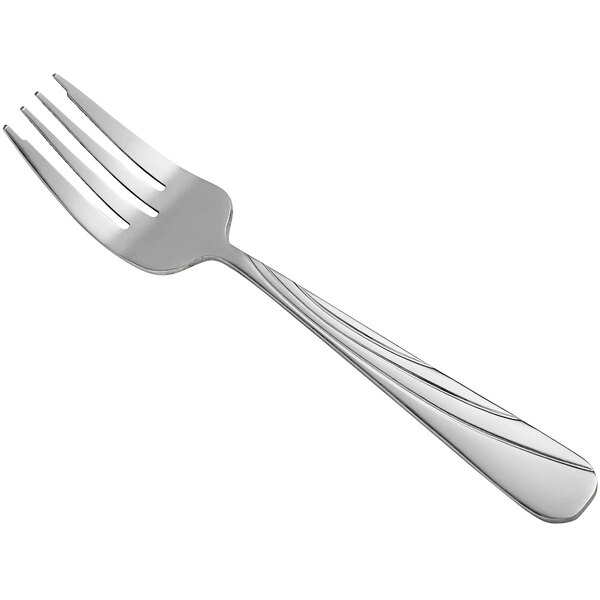 A close-up of a Libbey stainless steel salad fork with a silver handle.