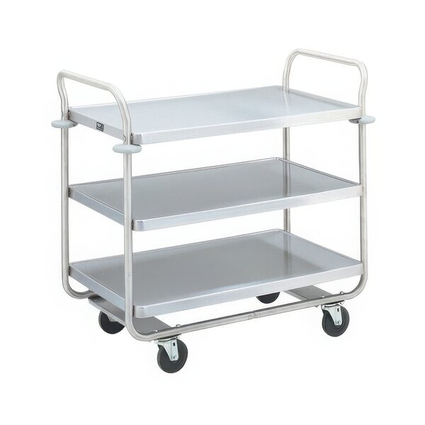 A chrome Vollrath metal cart with three shelves and wheels.