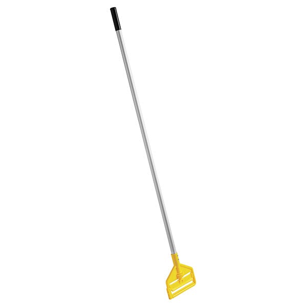 A yellow and silver Rubbermaid wet mop handle with a long thin metal handle.