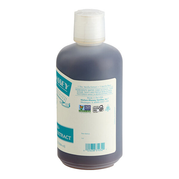 A close-up of a Nielsen-Massey 32 fl. oz. bottle of brown liquid with a white label.