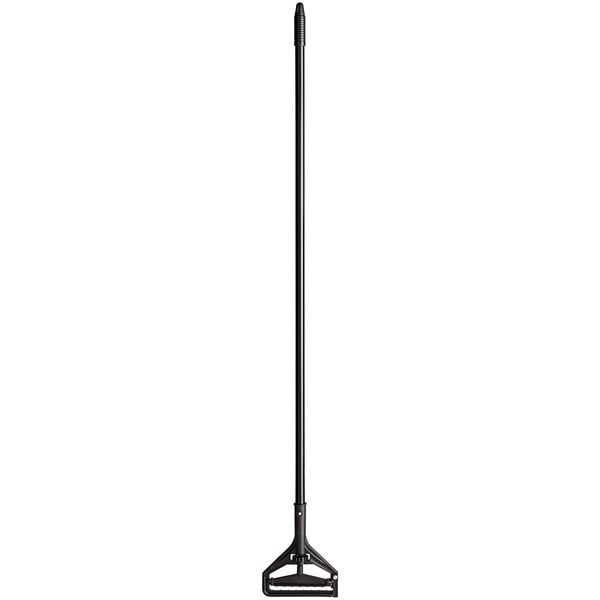 A black mop handle with a white background.