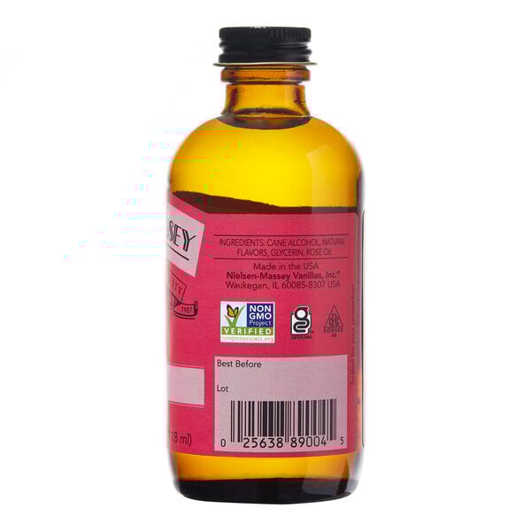 A bottle of Nielsen-Massey rose water with a label on it.