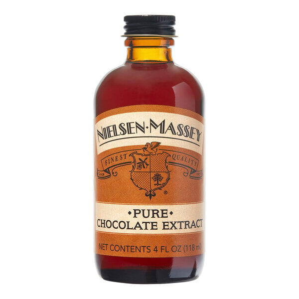 A Nielsen-Massey 4 fl. oz. bottle of pure chocolate extract with a label.