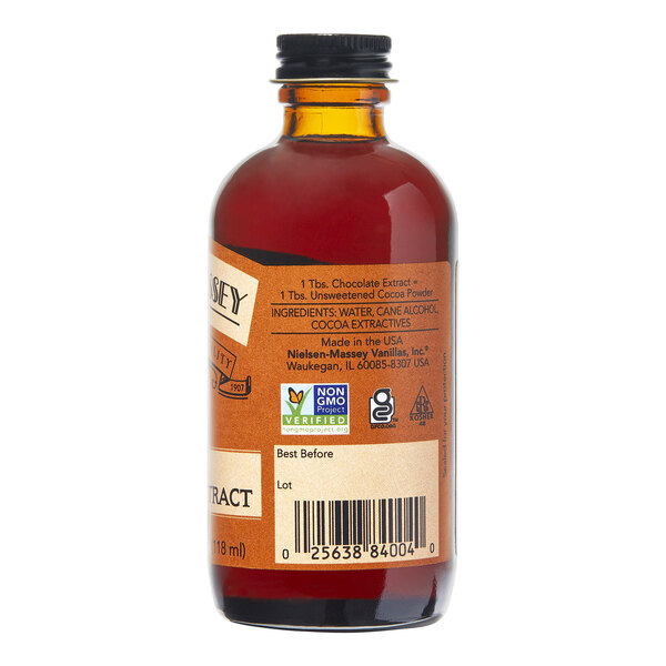 A bottle of Nielsen-Massey Pure Chocolate Extract with a label.
