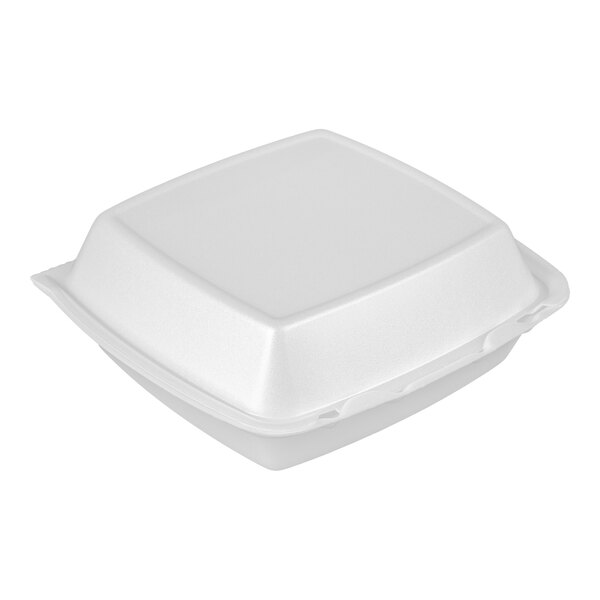 Dart 85HT1R 8" x 8" x 3" White Foam Square Take Out Container with Perforated Hinged Lid - 100/Pack