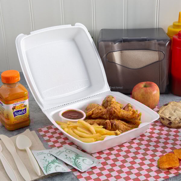 Dart 85HT1R 8" x 8" x 3" White Foam Square Take Out Container with Perforated Hinged Lid - 100/Pack