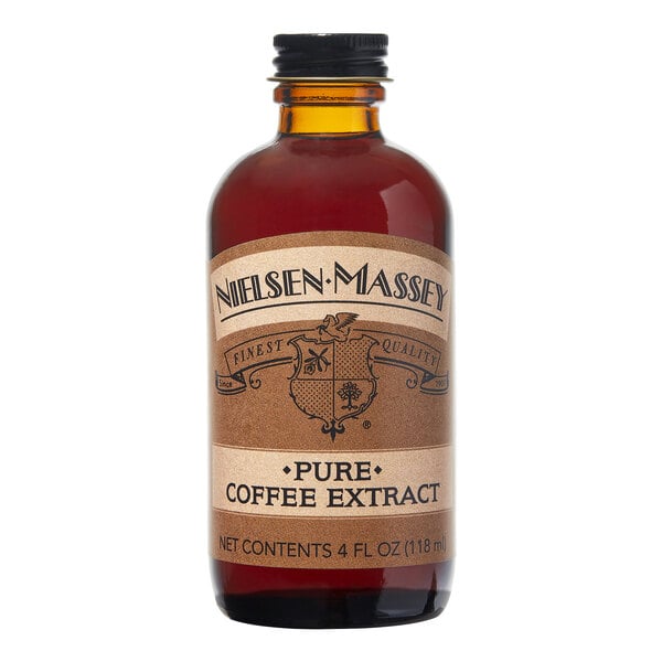 A bottle of Nielsen-Massey Pure Coffee Extract on a counter.