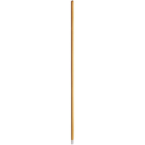 A Carlisle wooden mop handle with metal threads on a white background.