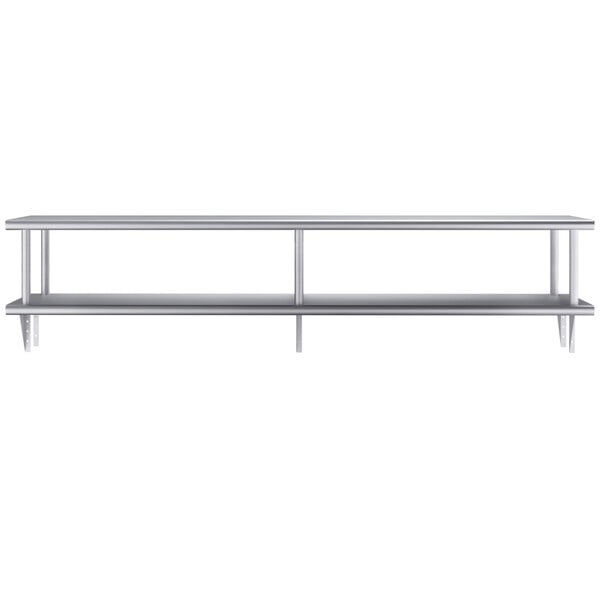 A long silver Regency pass-through metal shelf with two shelves on it.