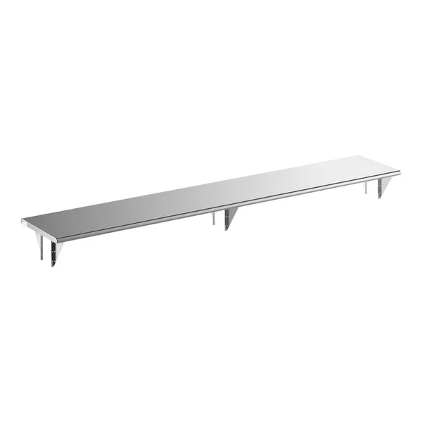 A long, rectangular stainless steel pass-through shelf with wall-mounted brackets.