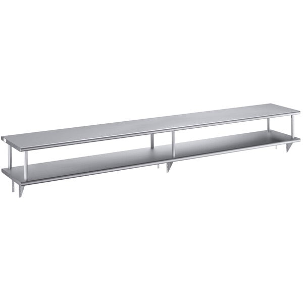 A long stainless steel wall mount shelf with two shelves.