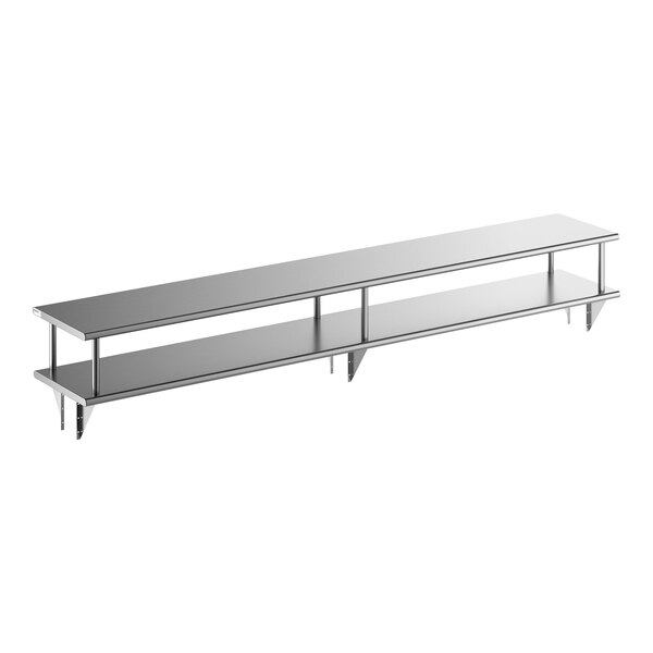 A long stainless steel pass-through shelf with an overshelf, designed for commercial use.