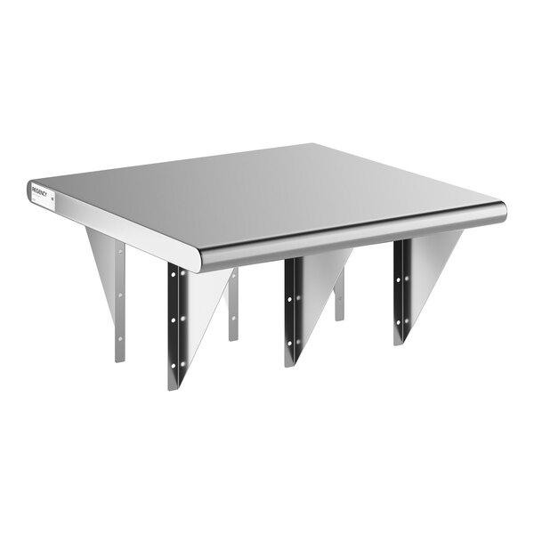 A stainless steel pass-through shelf with wall-mount brackets, measuring 24 inches by 24 inches.