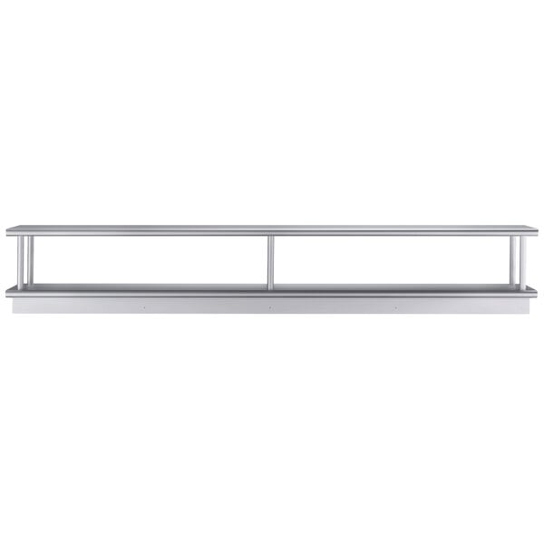 A Regency stainless steel wall mount shelf with an overshelf and pass-through shelf on it.