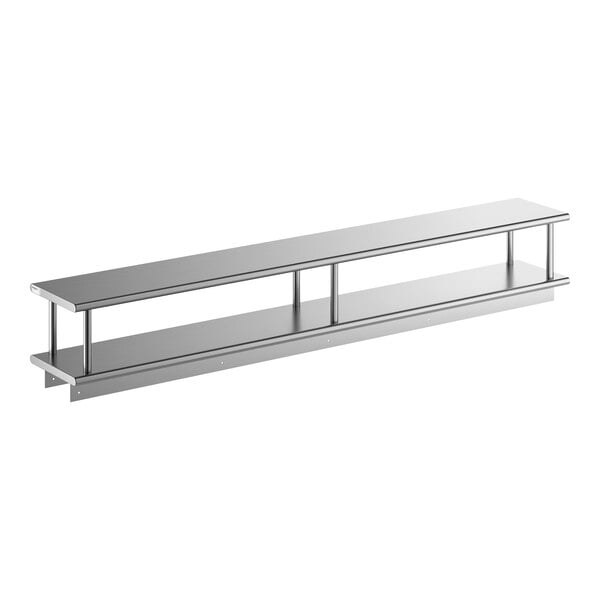 A stainless steel pass-through shelf with an overshelf, measuring 18 inches by 120 inches.