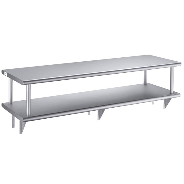 A silver Regency stainless steel wall mount shelf with two shelves.