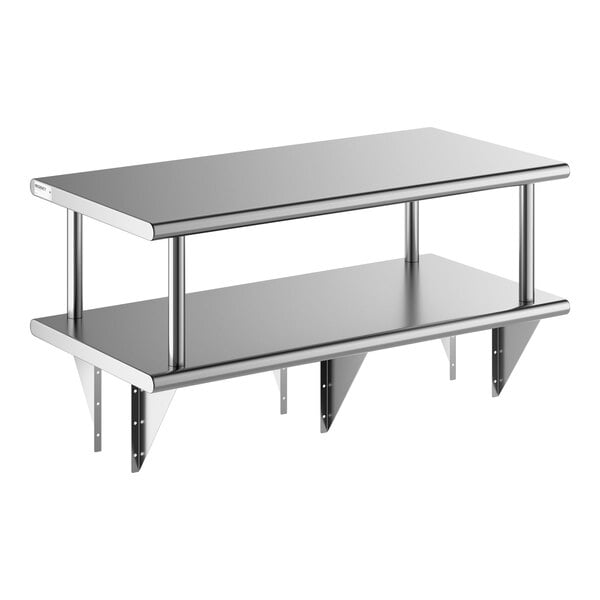 A stainless steel pass-through shelf with an overshelf, designed for wall mounting.