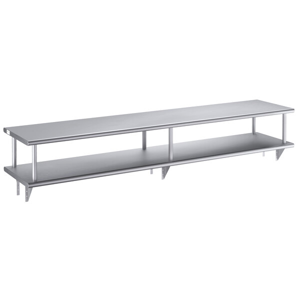 A silver metal wall mount shelf with two shelves on it.