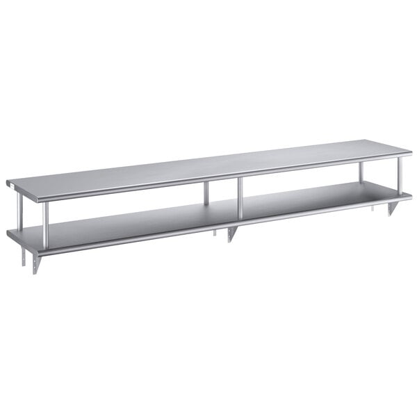 A long silver Regency stainless steel wall mount shelf with two shelves.