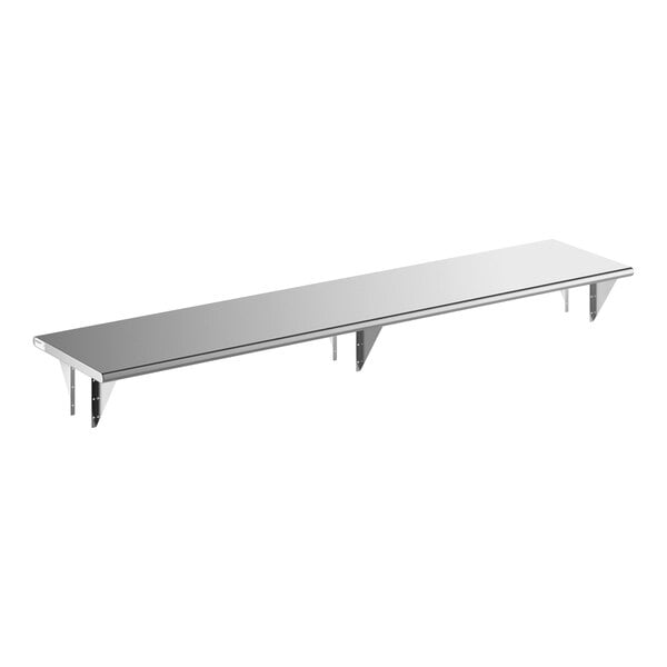 A long, rectangular stainless steel pass-through shelf with wall-mounted brackets.