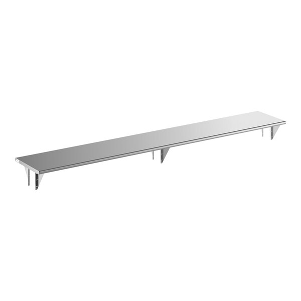 A long, rectangular stainless steel pass-through shelf with wall-mounted brackets.