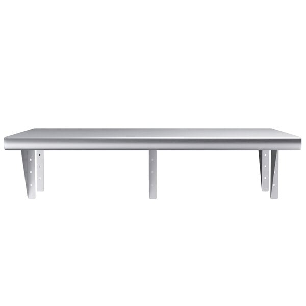 A Regency stainless steel pass-through shelf with two legs on a table.