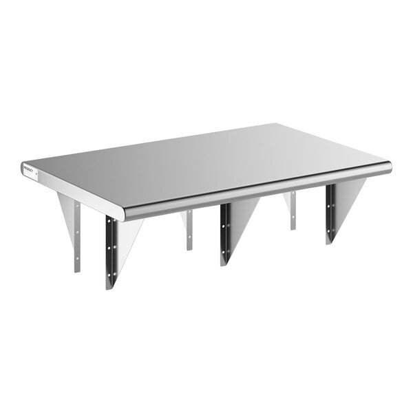 A stainless steel pass-through shelf with wall-mounted brackets.