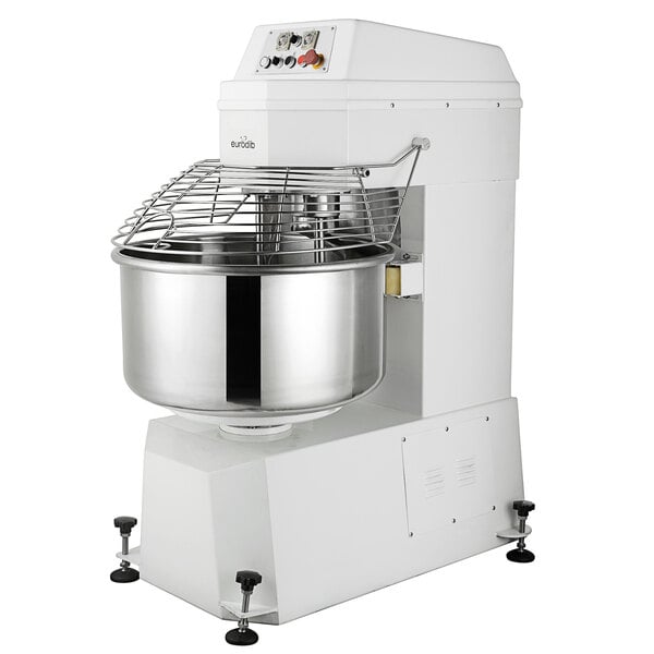 A white Eurodib two-speed spiral dough mixer with a large bowl on top.