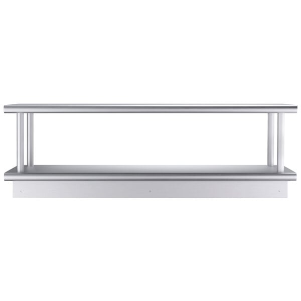 A silver Regency pass-through shelf with two shelves and railings.