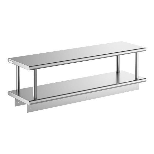 A stainless steel pass-through shelf with an overshelf, measuring 18 inches by 60 inches.