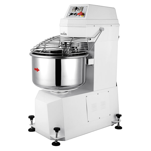 A white Eurodib spiral dough mixer with a large metal bowl on top.