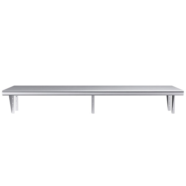 A Regency stainless steel pass-through shelf on metal table legs.