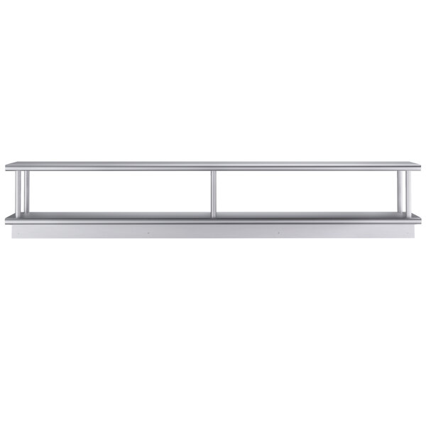 A long metal Regency wall mount shelf with a long metal railing above it.