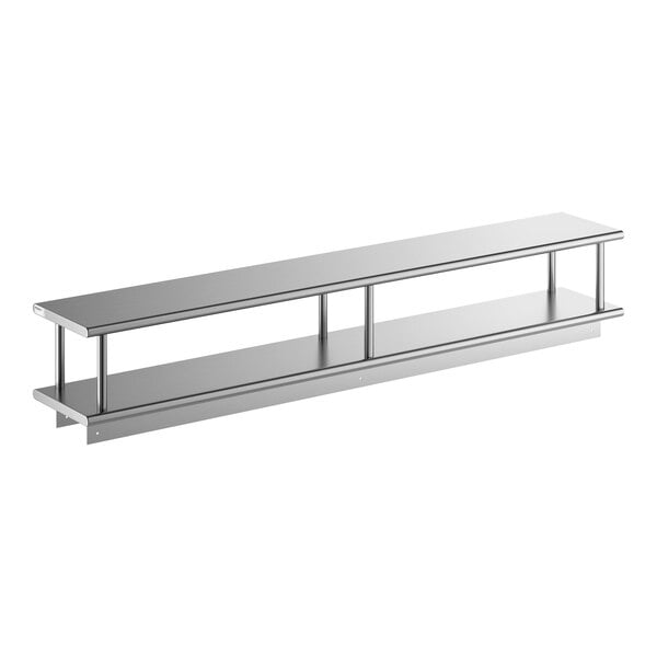 A stainless steel pass-through shelf with an overshelf, measuring 18 inches by 108 inches.
