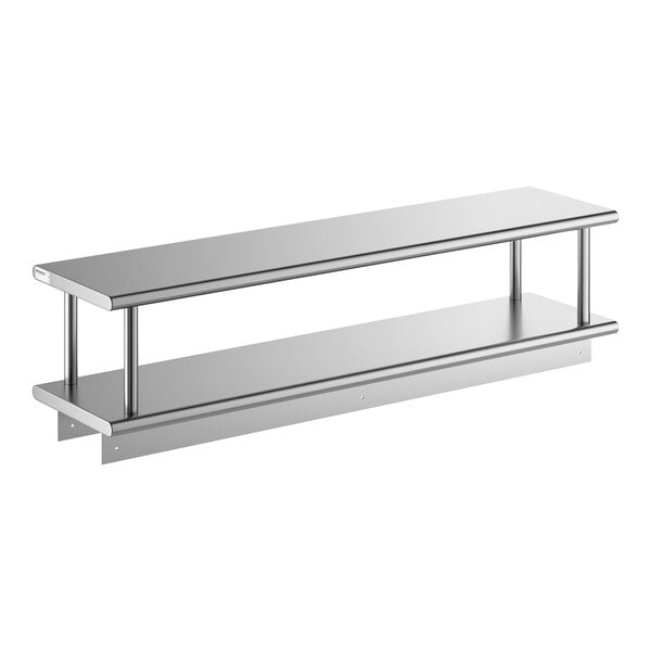 A stainless steel pass-through shelf with an overshelf, measuring 18 inches by 72 inches.