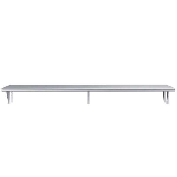 A long silver metal shelf with metal brackets.