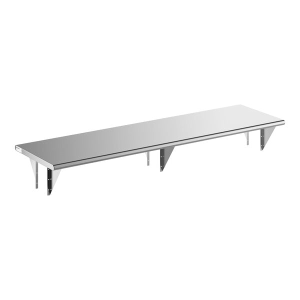 A stainless steel pass-through shelf with wall-mounted brackets.