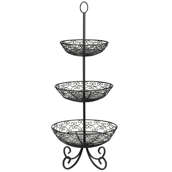 A Tablecraft three tiered black metal display basket with legs.