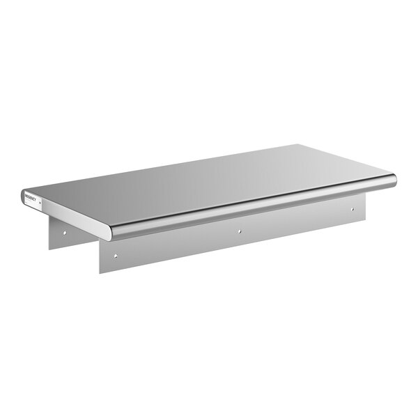 A stainless steel pass-through shelf with a smooth surface and rounded front edge, measuring 18 by 36 inches.