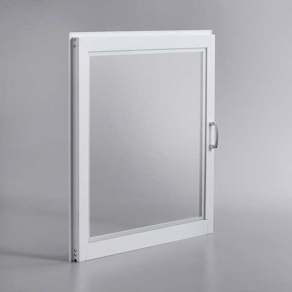 A white rectangular door with a glass window.