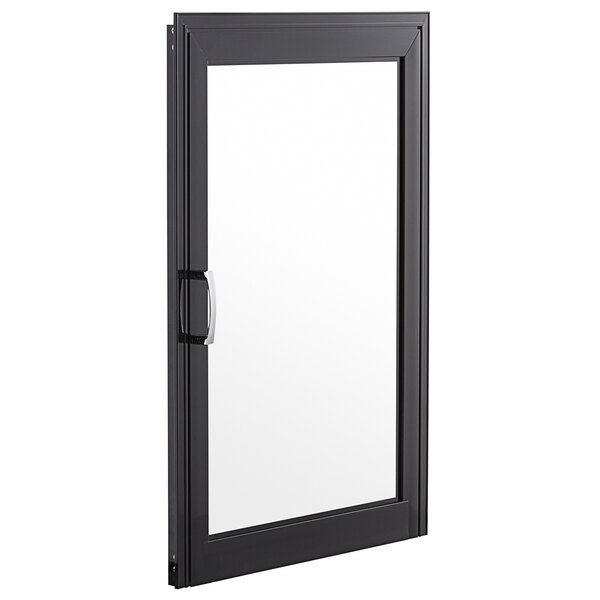 A black metal door with a glass window.