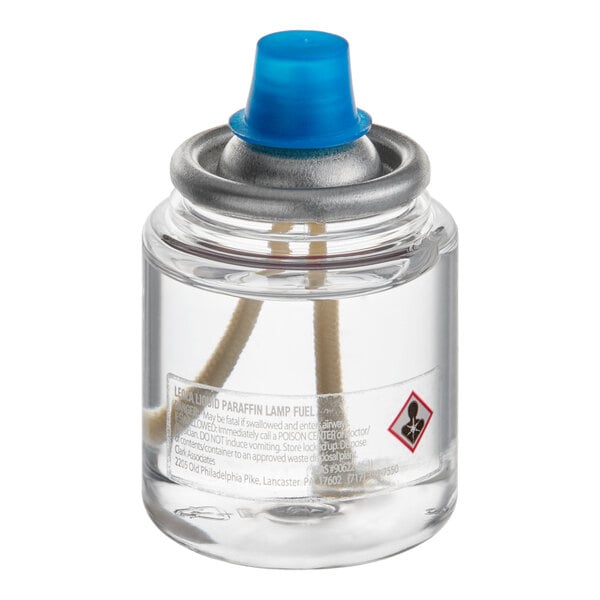 A clear liquid candle fuel cartridge with a blue cap and visible wick, intended for commercial use.