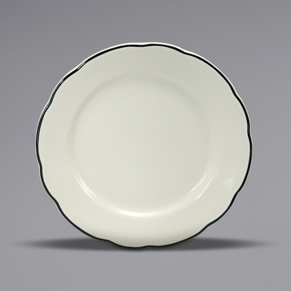 A white plate with black trim.