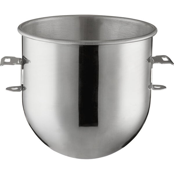 A stainless steel Main Street Equipment mixing bowl with two handles.