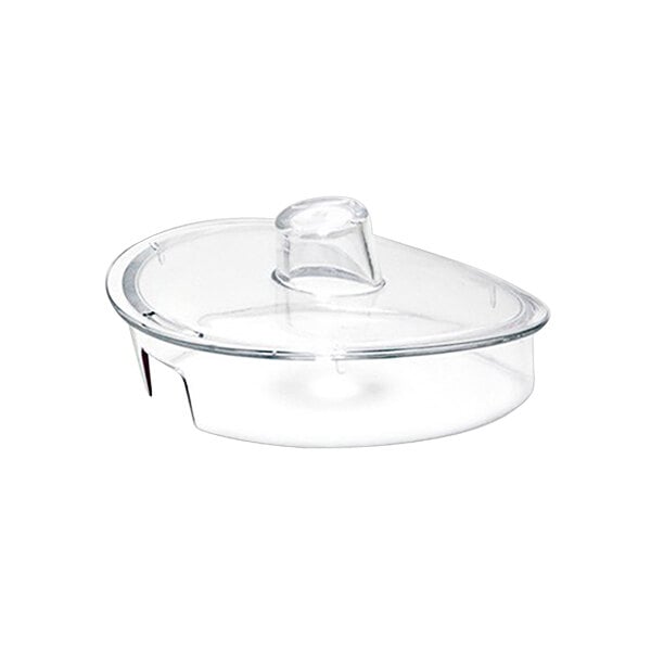 A clear plastic lid with a handle for a pitcher.