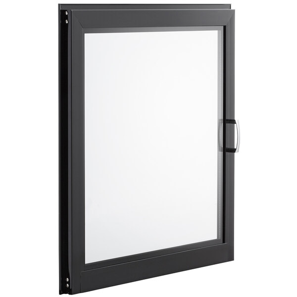 A black rectangular door with a window.