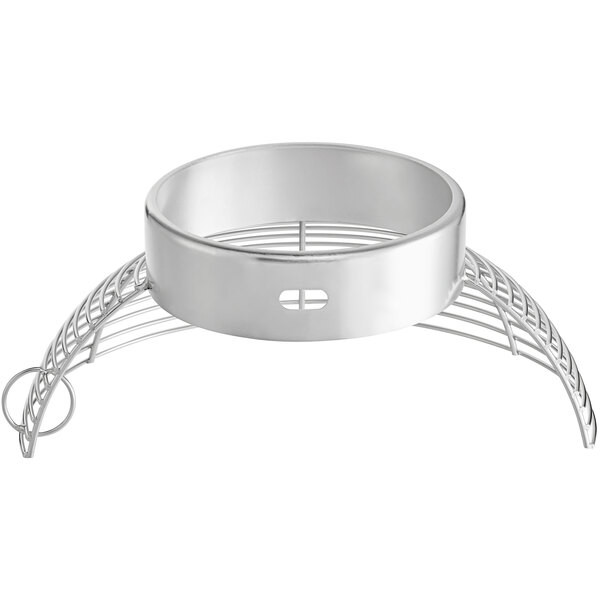 A silver metal bowl guard with a metal frame on a MainStreet Equipment Galaxy mixer bowl.