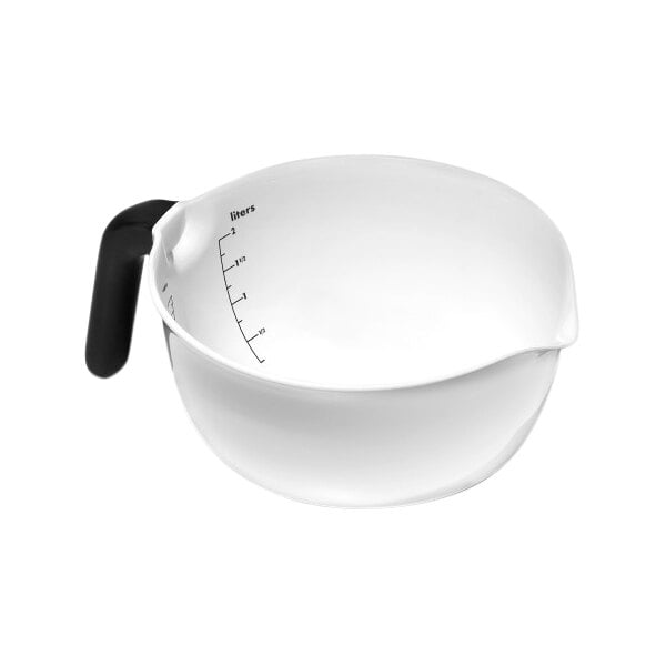 A white OXO measuring cup with a black handle.