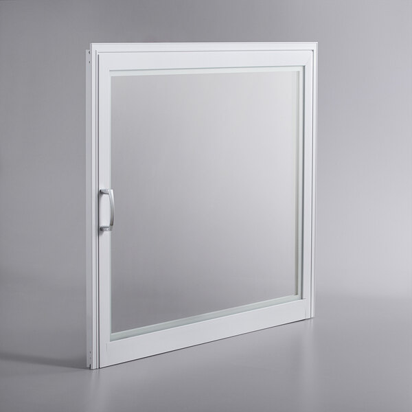 A white rectangular window with glass on a white Avantco refrigerator door.