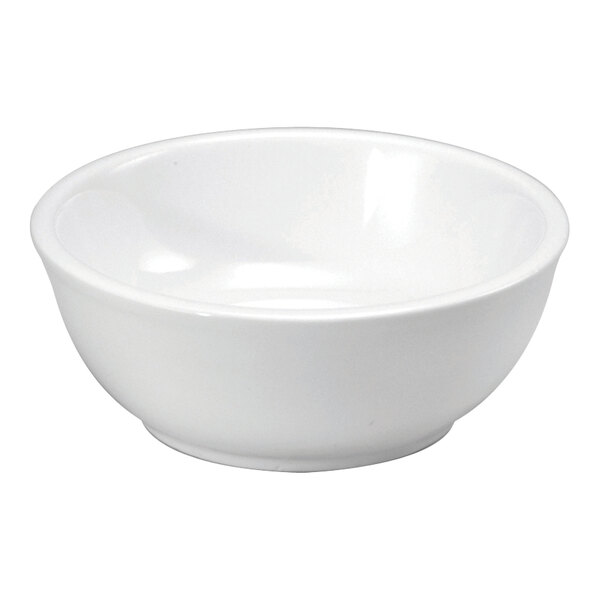 A white porcelain bowl with a rolled edge, designed for serving food.